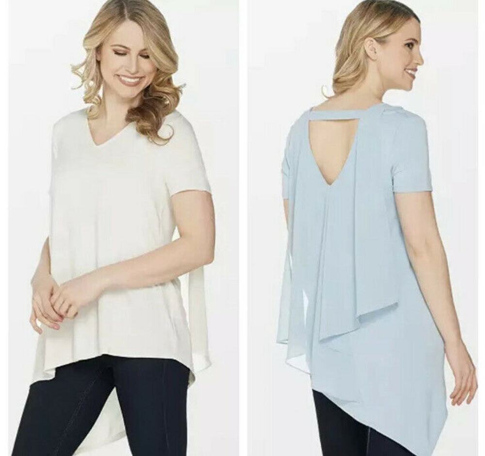Lisa Rinna Collection Womens VNeck Top Medium Cream Chiffon Back Detail NWOT